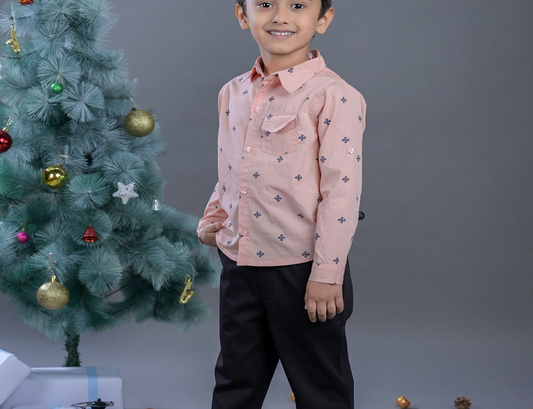 Boys Pink Printed Cotton Full Sleeves Shirt and Pant Set side view
