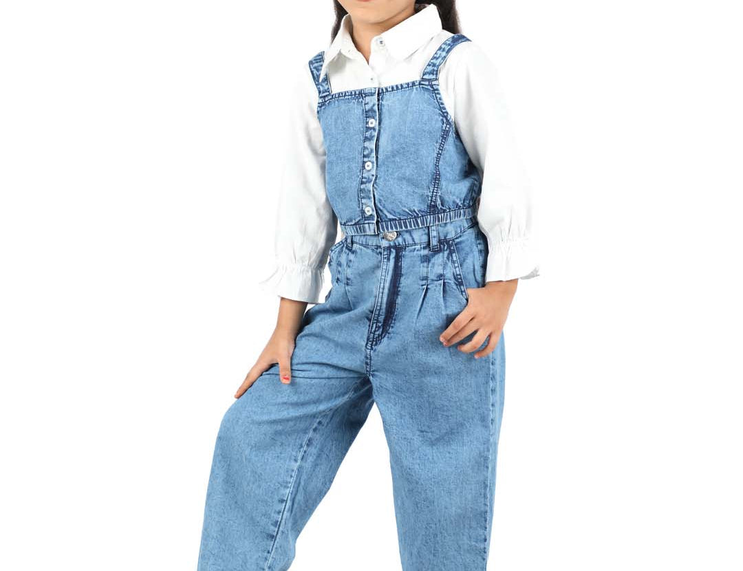 Blue Denim Jumpsuit Set for Girls with white shirt
