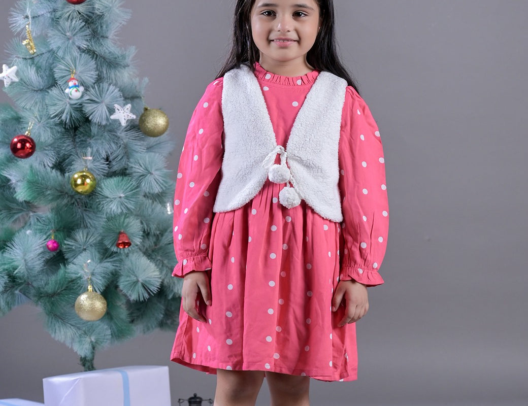 Pink & White Printed Dress Set for Girls second