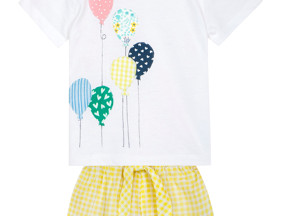 Girls Balloon Patch Printed Top-Short Set-White Front