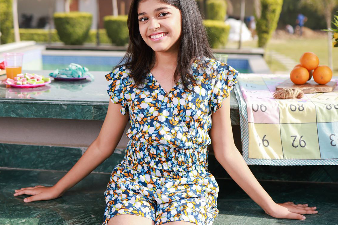 Girls Blue Printed Smokced Top-Skirt Set