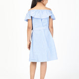 Girls Striped Cotton Off-Shoulder Dress - Blue back view