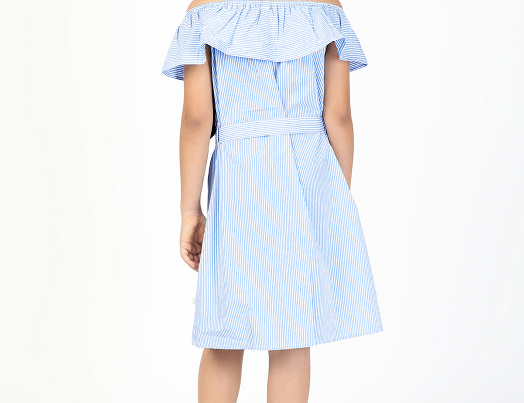 Girls Striped Cotton Off-Shoulder Dress - Blue back view