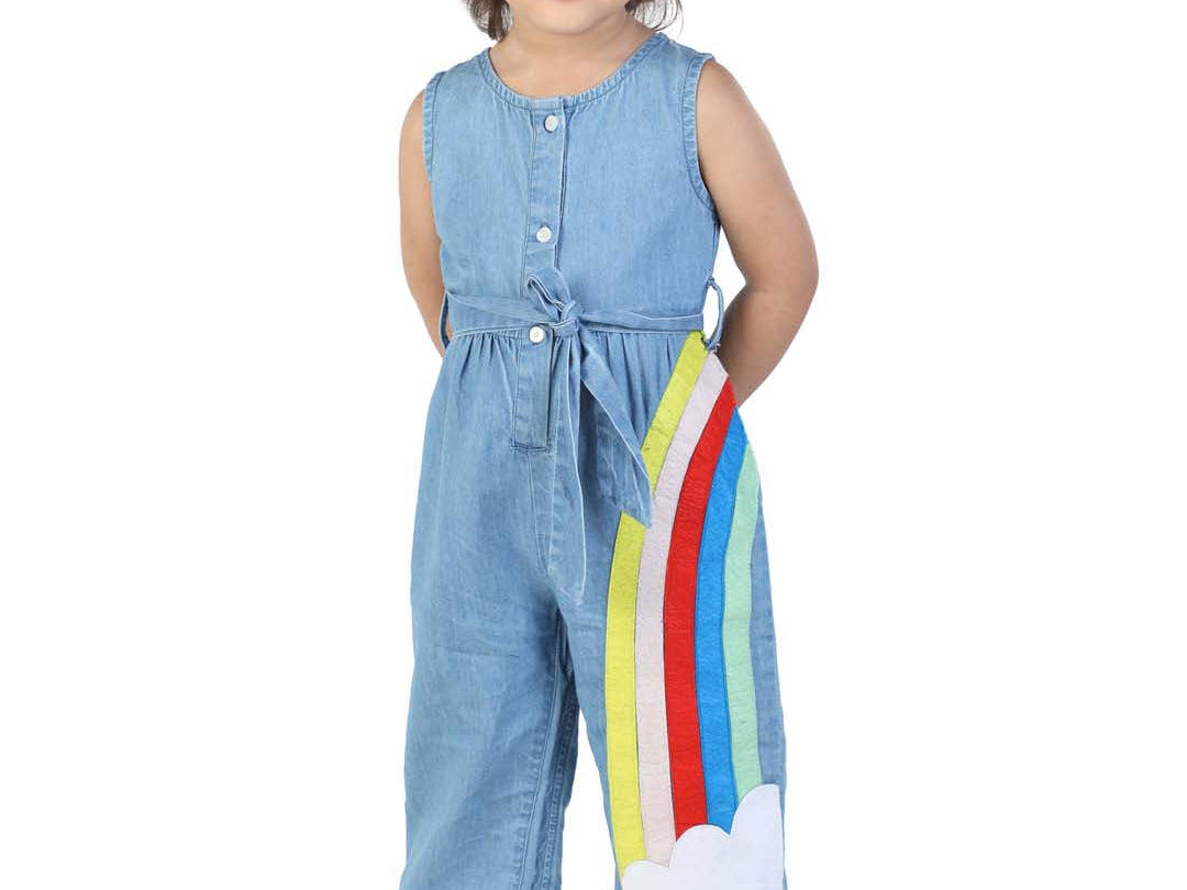 Cute Rainbow Felt Girls' Denim Jumpsuit 