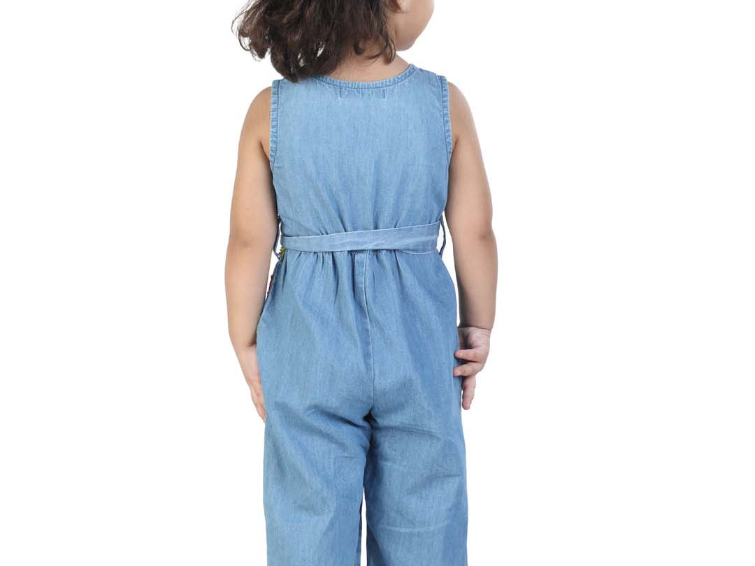 Cute Rainbow Felt Girls' Denim Jumpsuit back view