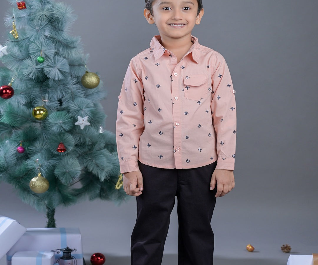 Boys Pink Printed Cotton Full Sleeves Shirt and Pant Set