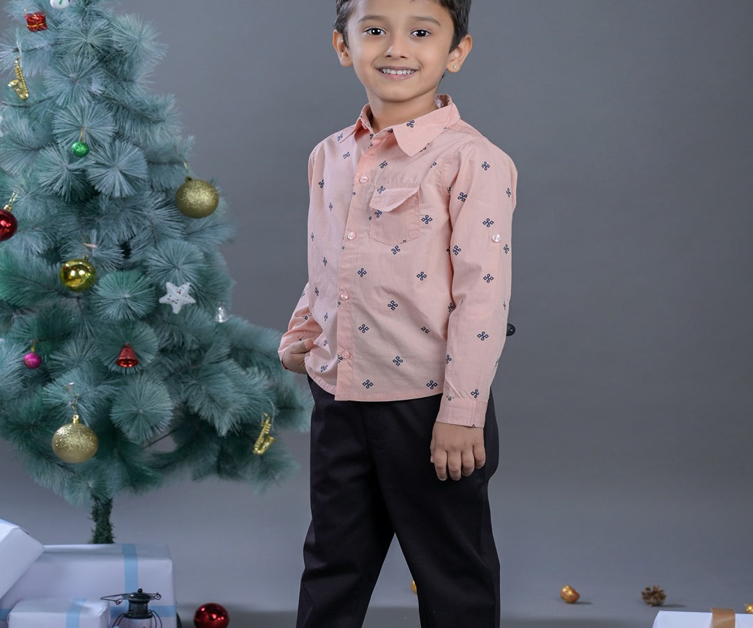 Boys Pink Printed Cotton Full Sleeves Shirt and Pant Set side view