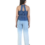 Budding Bees Girls Denim Jumpsuit with Ombre Effect back view