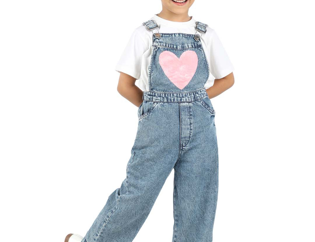 Stylish Blue Denim Dungaree with Heart Fur patch 