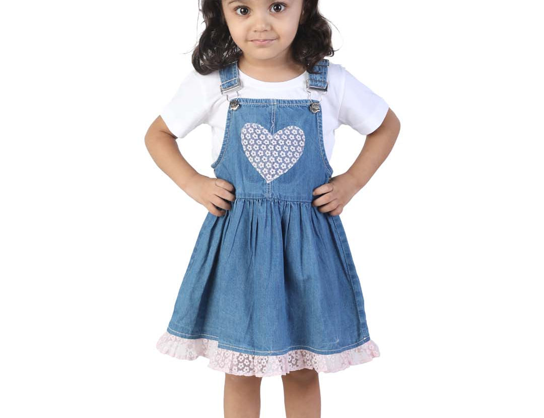 Denim Blue Girls' Dungaree with heart Fabric Patch 