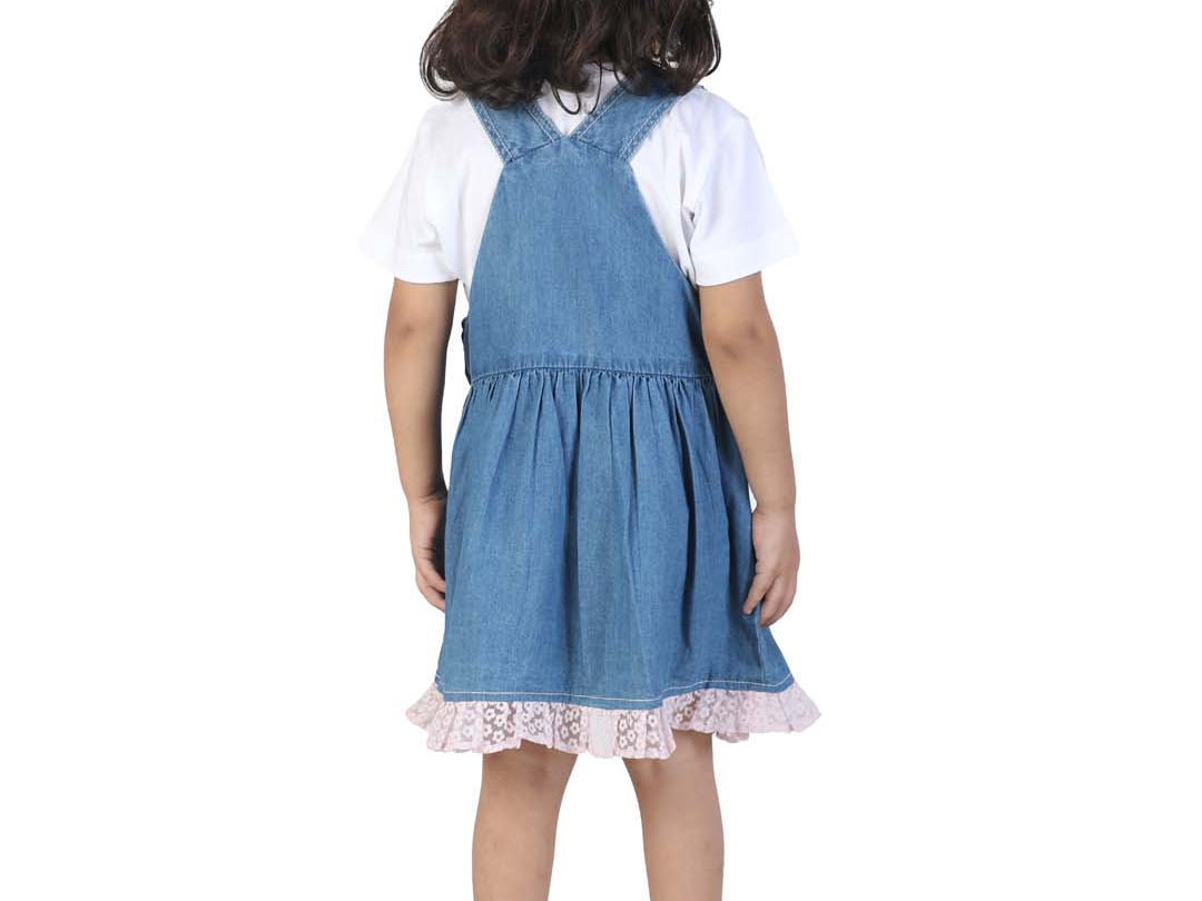 Denim Blue Girls' Dungaree with heart Fabric Patch back view