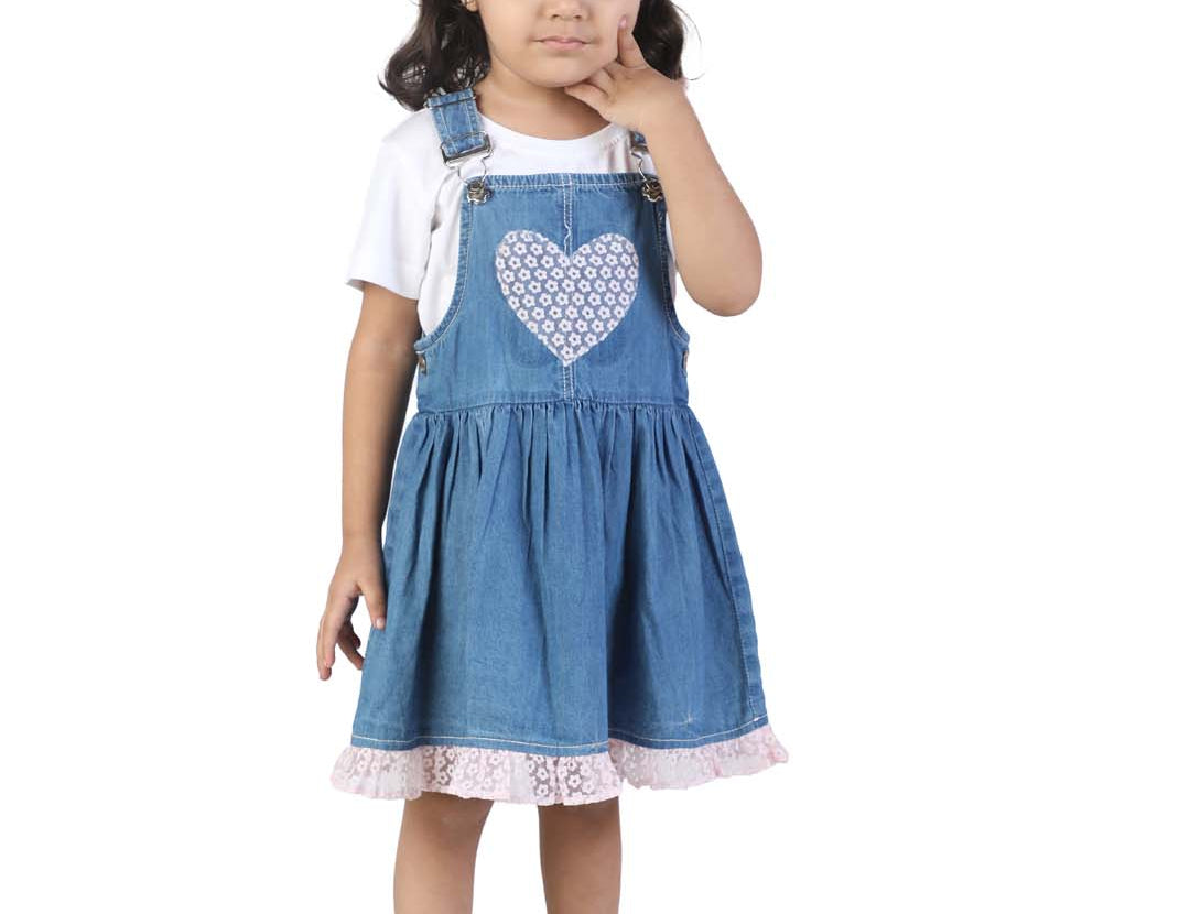 Denim Blue Girls' Dungaree with heart Fabric Patch second
