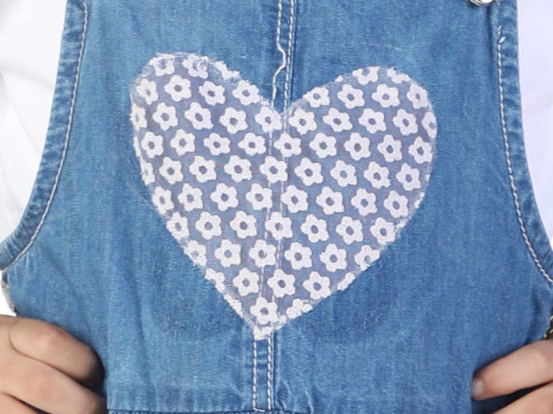 Denim Blue Girls' Dungaree with heart Fabric Patch close view