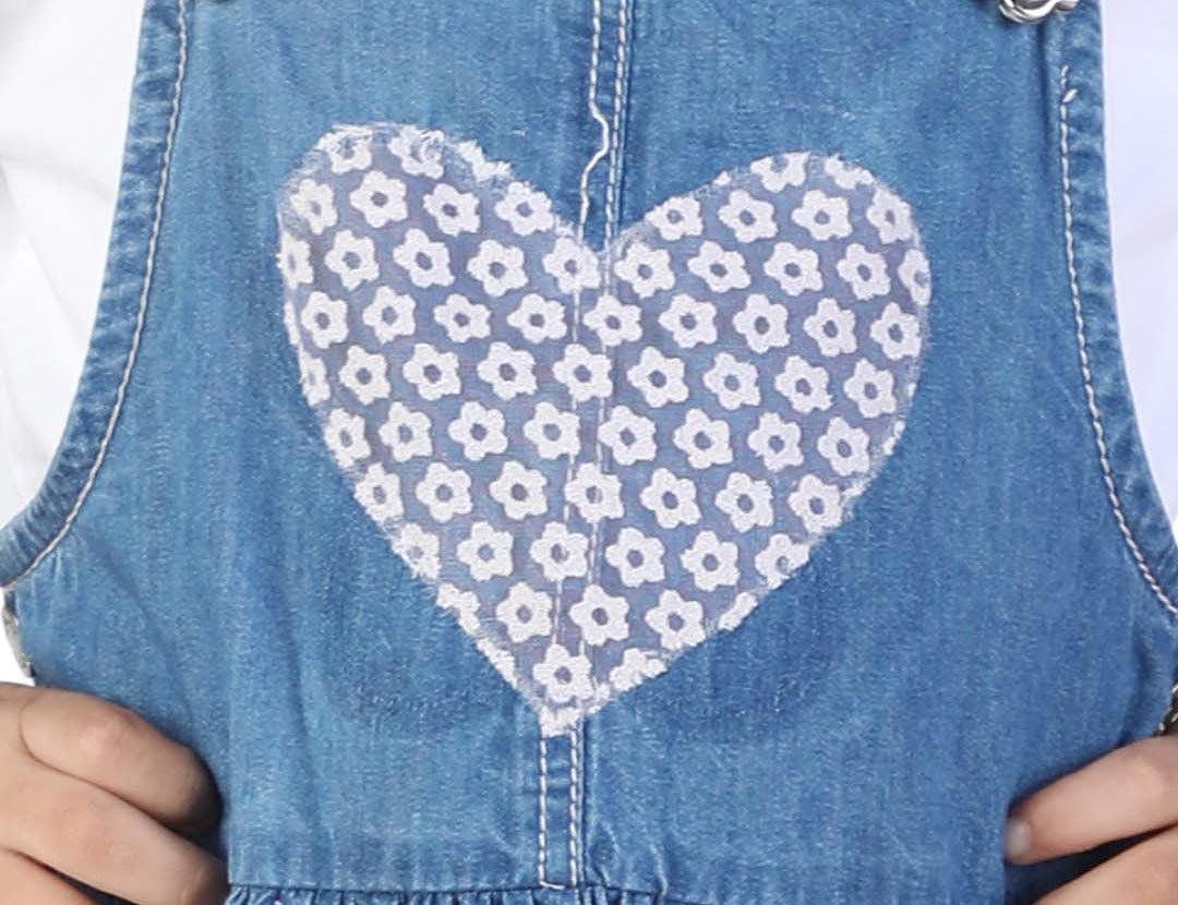 Denim Blue Girls' Dungaree with heart Fabric Patch close view
