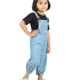 Stylish Blue Denim Girls' Dungaree with Pocket Embroidery side view