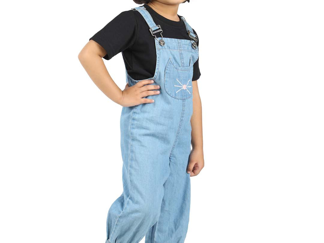 Stylish Blue Denim Girls' Dungaree with Pocket Embroidery side view