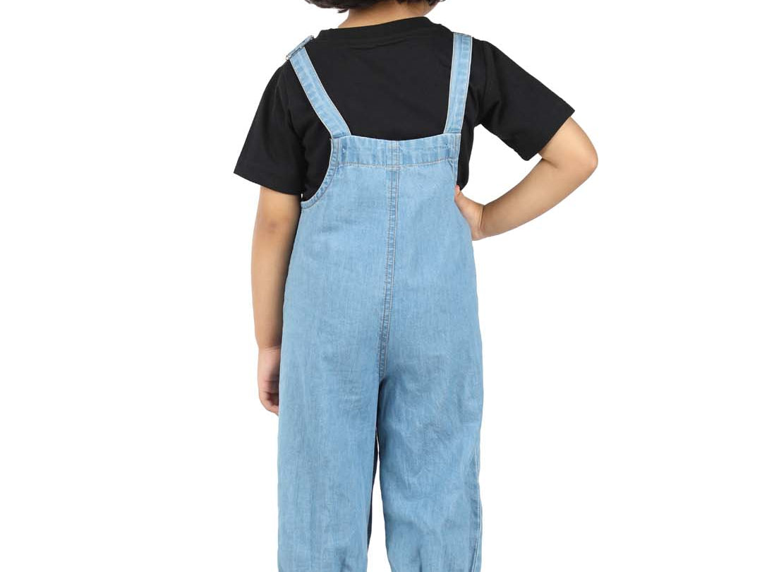 Stylish Blue Denim Girls' Dungaree with Pocket Embroidery back view