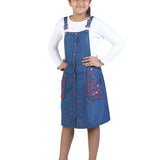 Blue Denim Girls' Dungaree Dress with Floral Buttons
