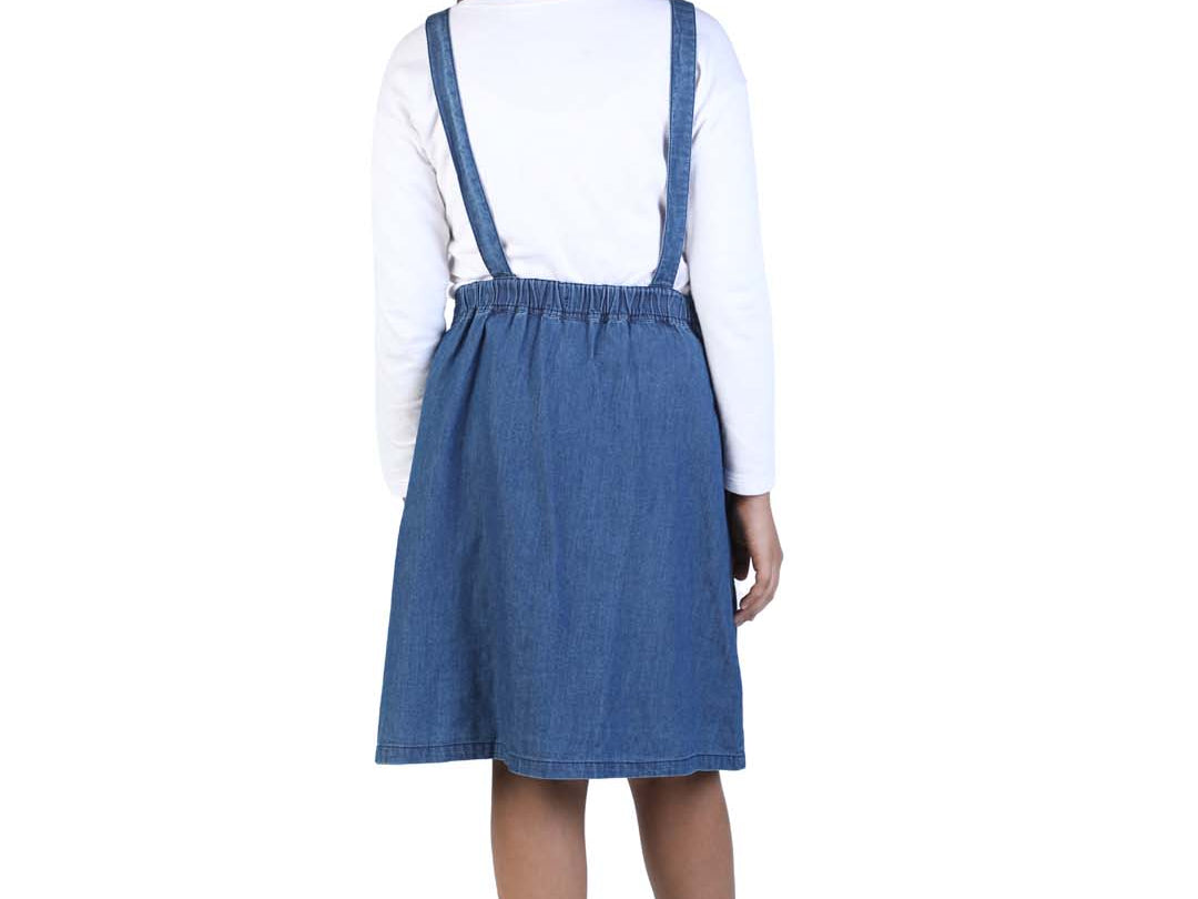 Blue Denim Girls' Dungaree Dress with Floral Buttons back view
