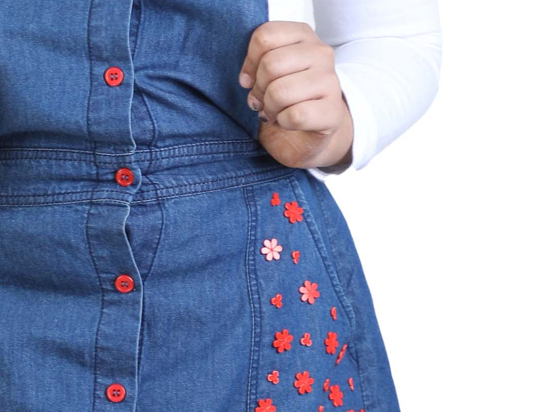 Blue Denim Girls' Dungaree Dress with Floral Buttons close view