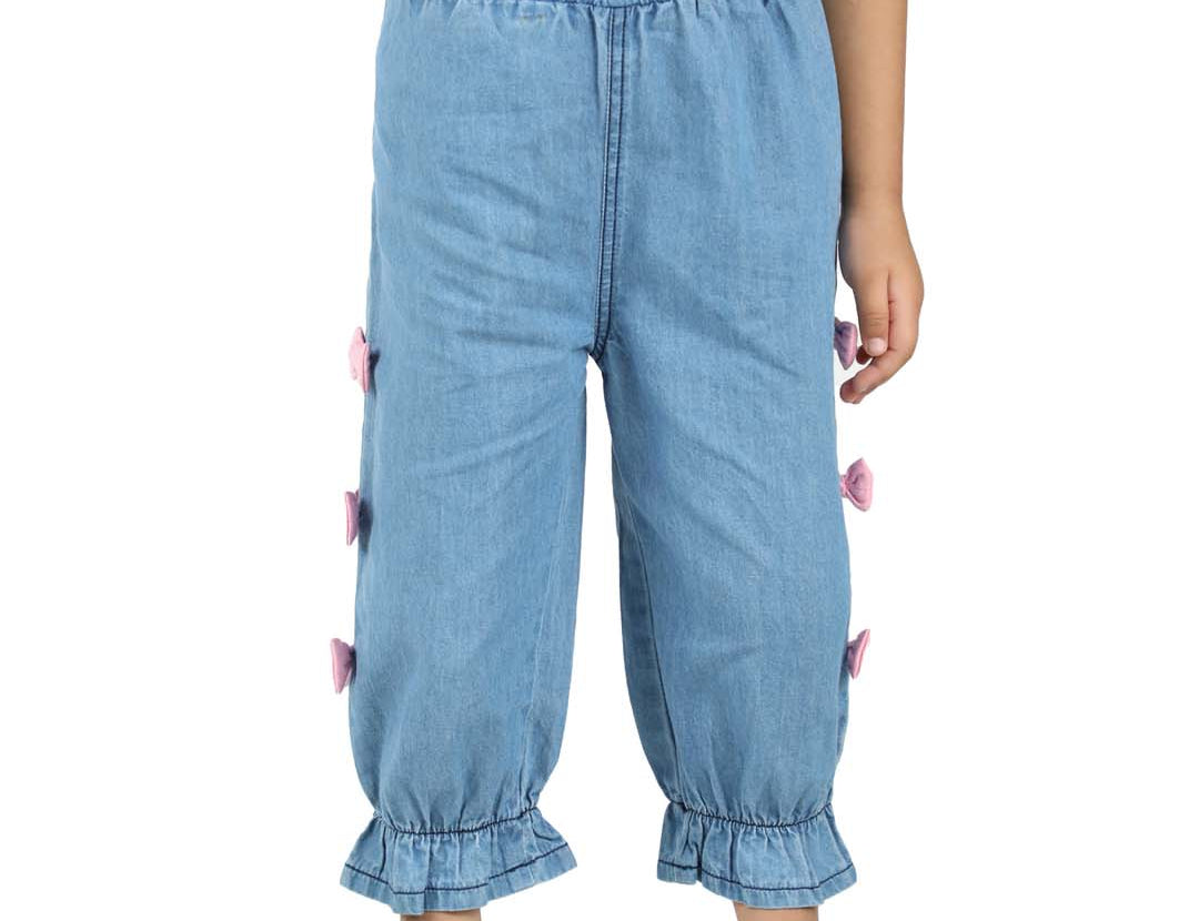 Girls' Blue Denim Pants with side Attached Bow 