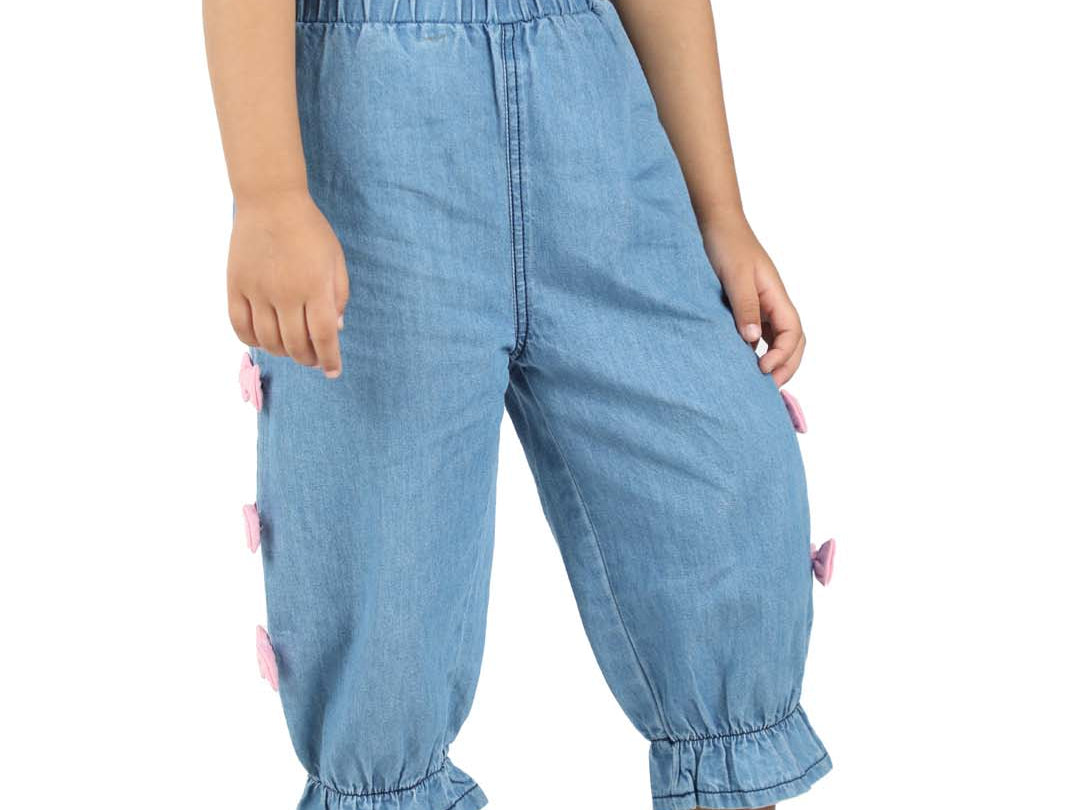 Girls' Blue Denim Pants with side Attached Bow side view