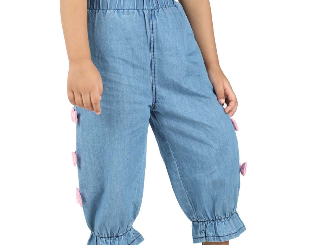 Girls' Blue Denim Pants with side Attached Bow side view