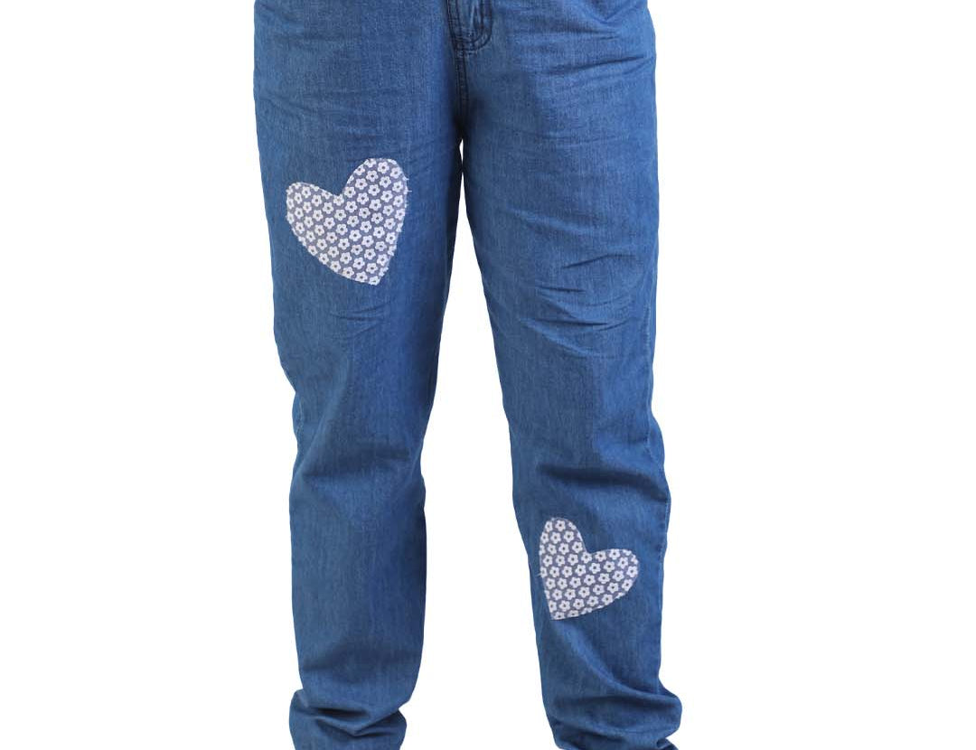 Blue Denim Girls Pants with Heart Fabric Patch