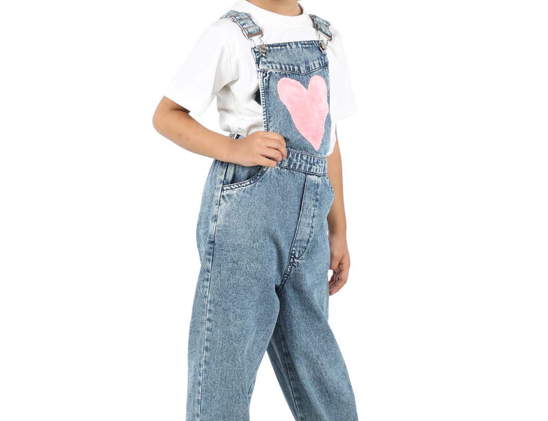 Stylish Blue Denim Dungaree with Heart Fur patch side view
