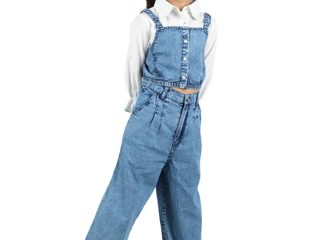 Blue Denim Jumpsuit Set for Girls with white shirt