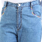 Denim Blue girls Pants with Thread Embroidery close view