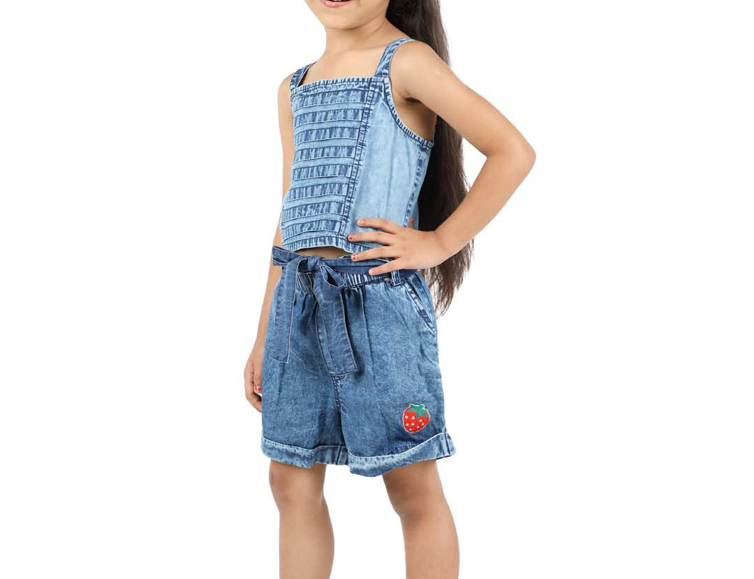 Blue Denim Girls Set with strawberry patch side view