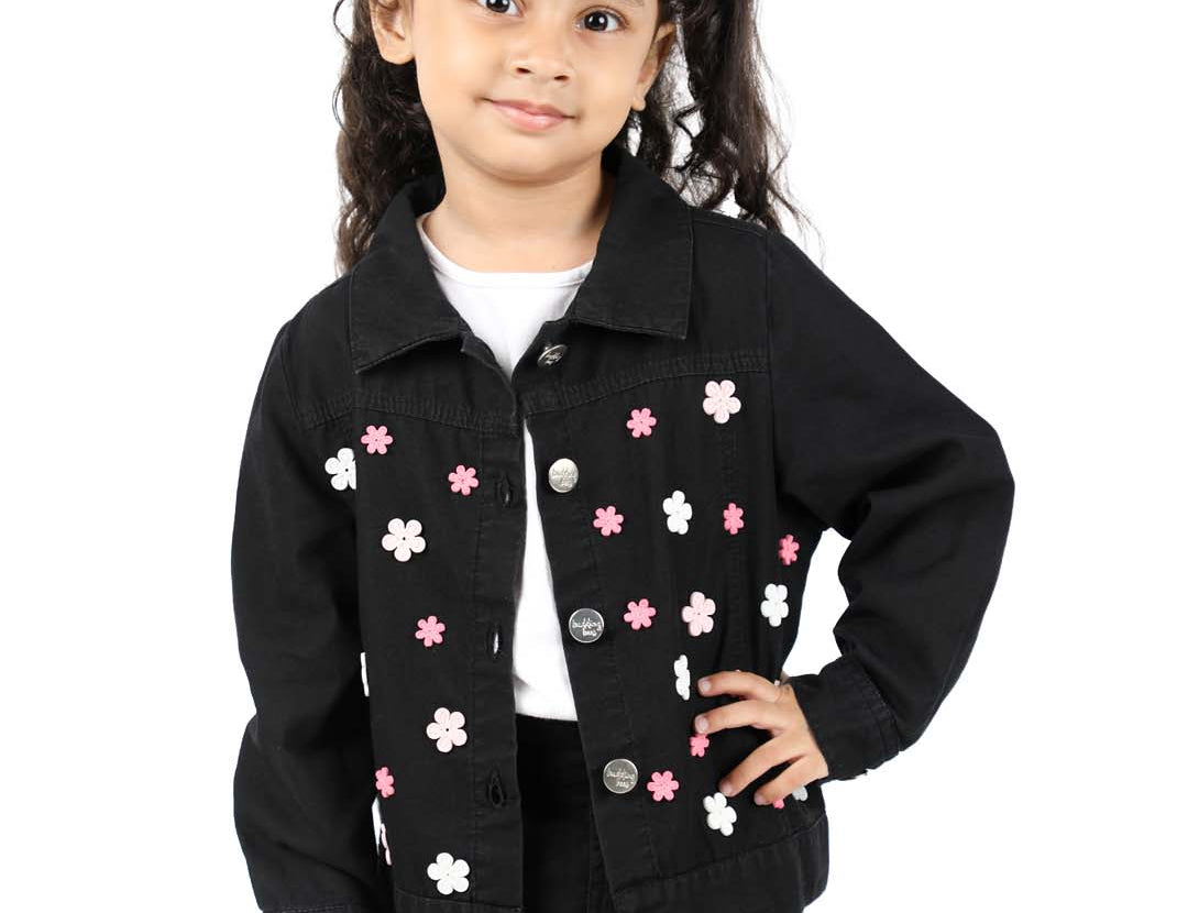Black Denim Jacket for Girls with Attached Pearl Accent