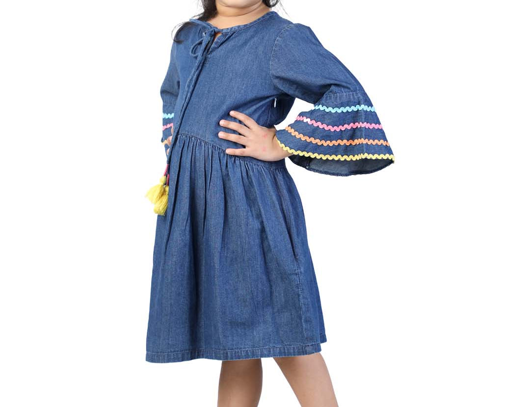 Elegant Girl Blue Denim Dress with Assorted Lace Trim side view