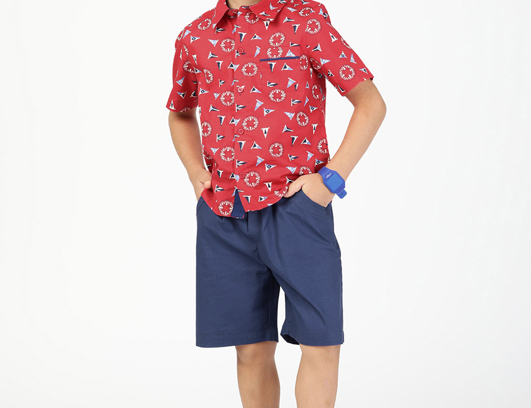Boys Poplin Printed Shirt and Shorts Combo-Red