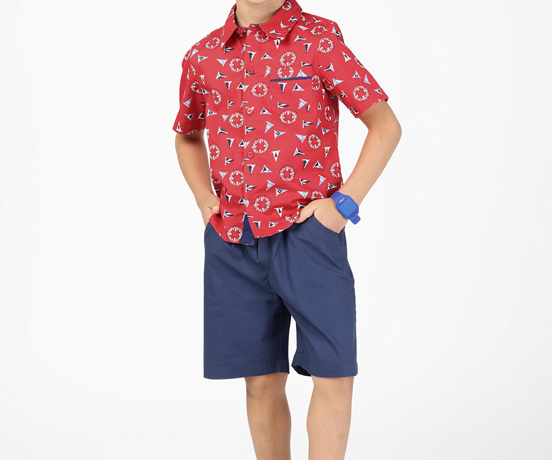 Boys Poplin Printed Shirt and Shorts Combo-Red