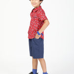 Boys Poplin Printed Shirt and Shorts Combo-Red side view