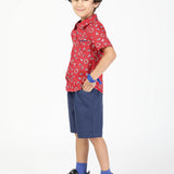 Boys Poplin Printed Shirt and Shorts Combo-Red side view