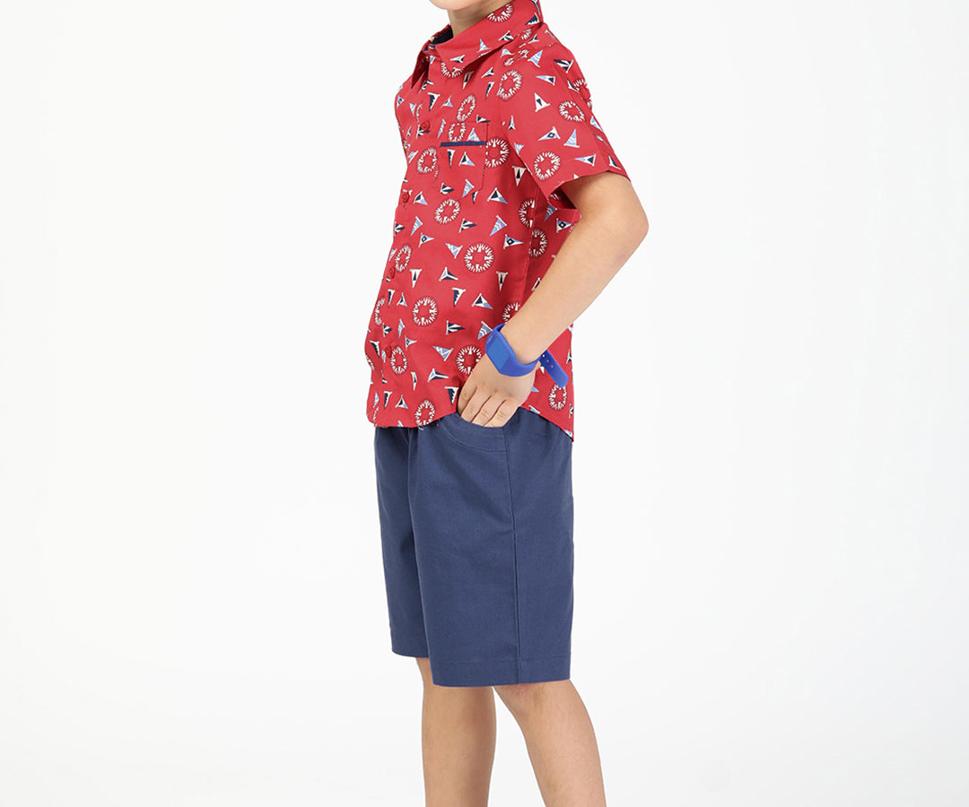 Boys Poplin Printed Shirt and Shorts Combo-Red side view