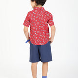 Boys Poplin Printed Shirt and Shorts Combo-Red back view