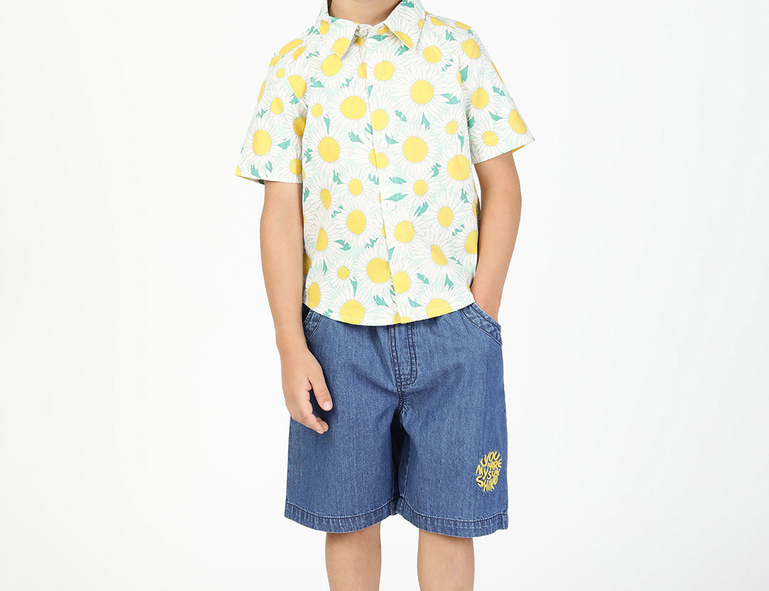 Sunflower Printed Shirt and Denim Short Set - Yellow