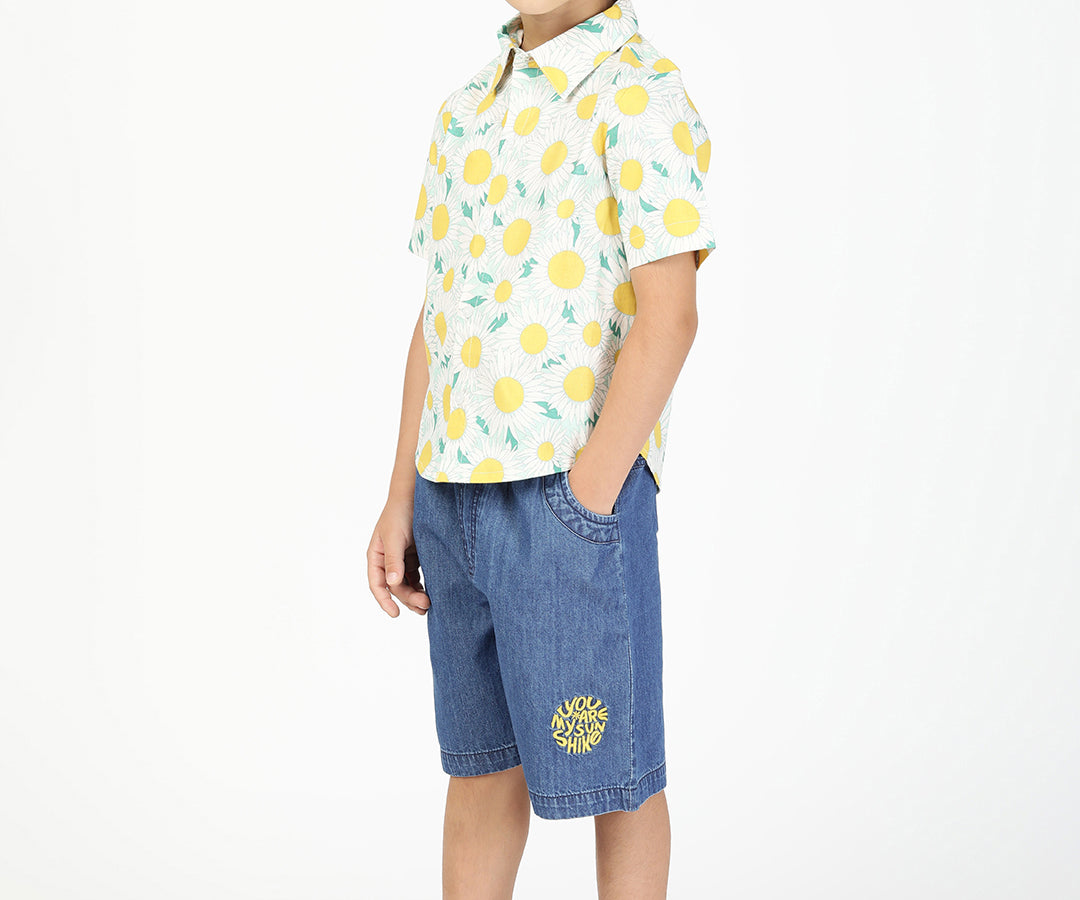 Sunflower Printed Shirt and Denim Short Set - Yellow left view