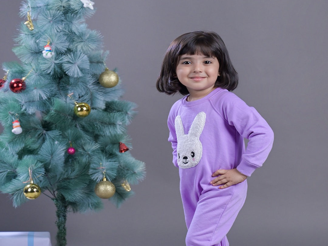 Girls Purple Bunny Charm Onesie in Jersey Fleece by Budding Bees side second view