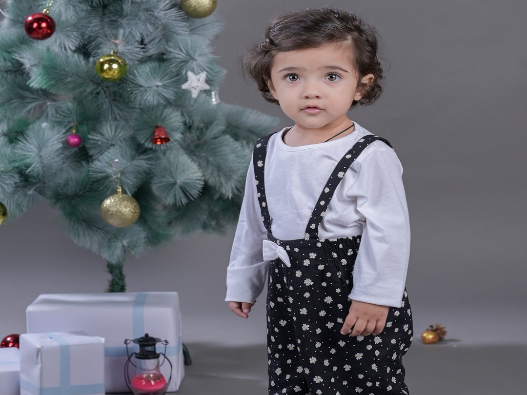 Girls Black & White Printed Dungaree with Bow side view