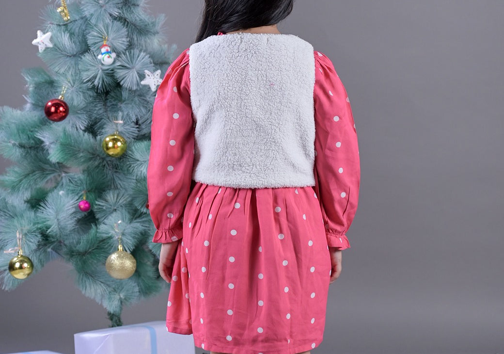 Pink & White Printed Dress Set for Girls back view