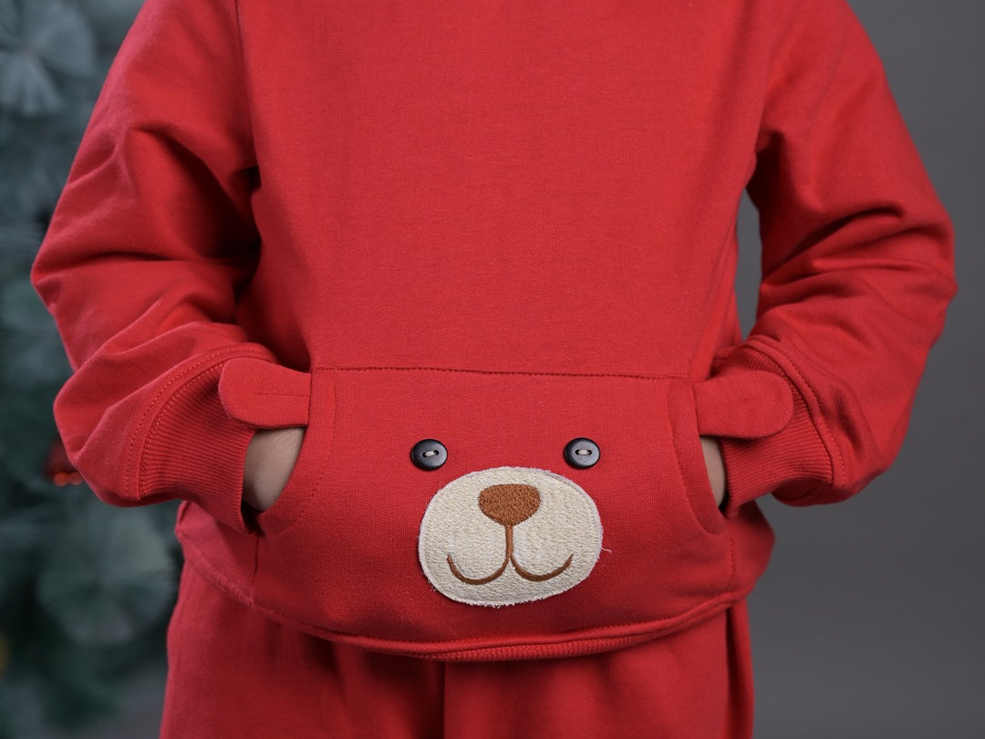 Girls Cherry Red Bear Hoodie & Joggers Set close view