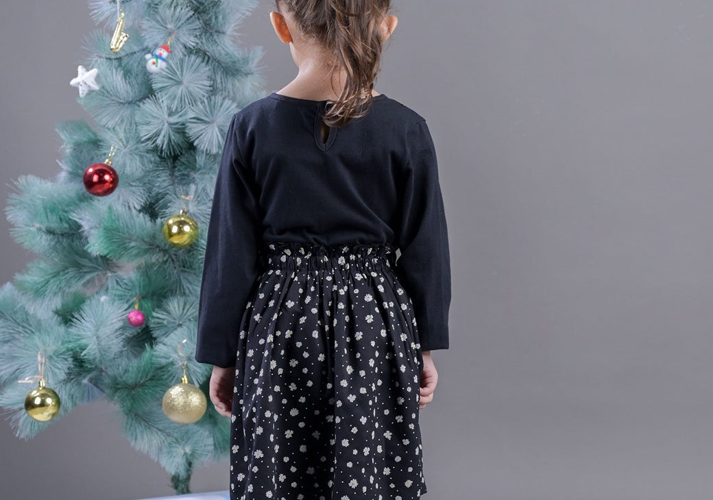Girls floral print Casual Dress with Floral Neck Embroidery back view