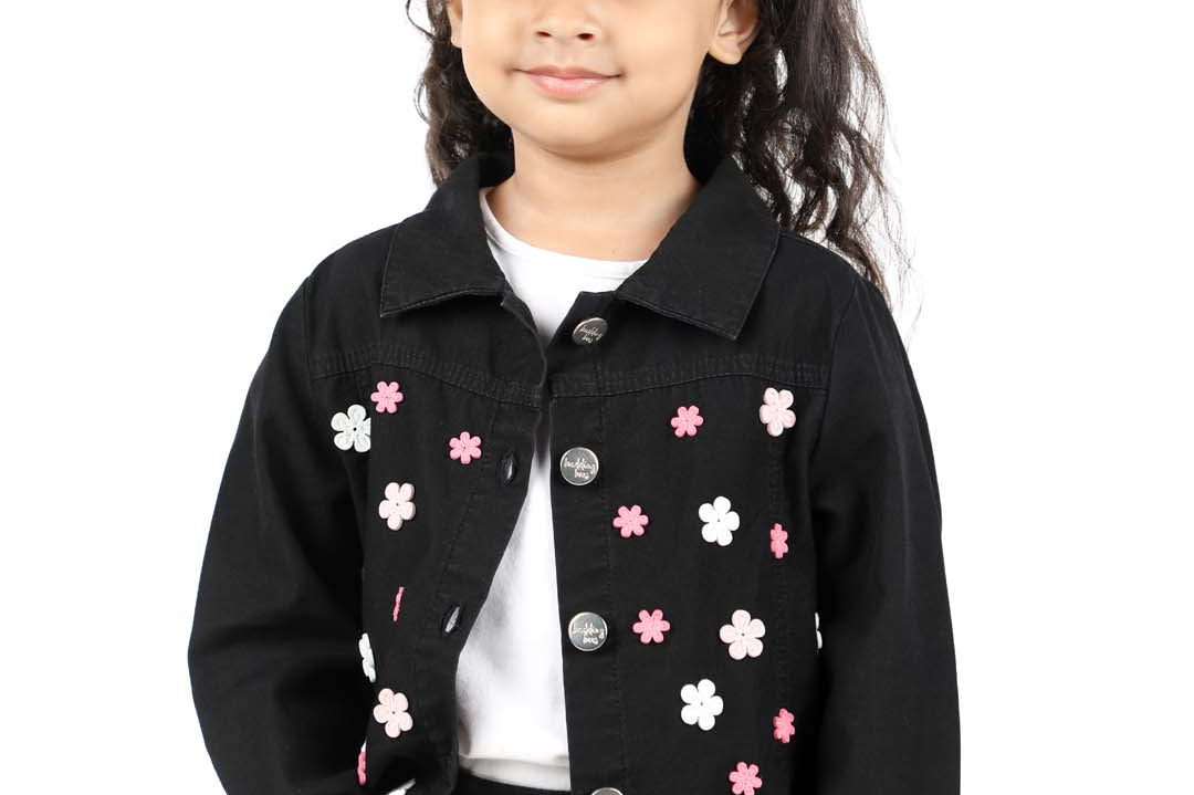 Black Denim Jacket for Girls with Attached Pearl Accent
