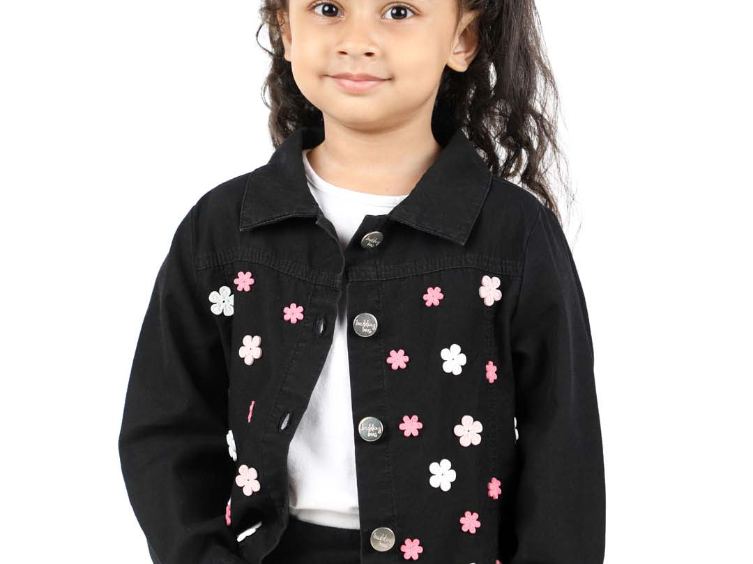 Black Denim Jacket for Girls with Attached Pearl Accent