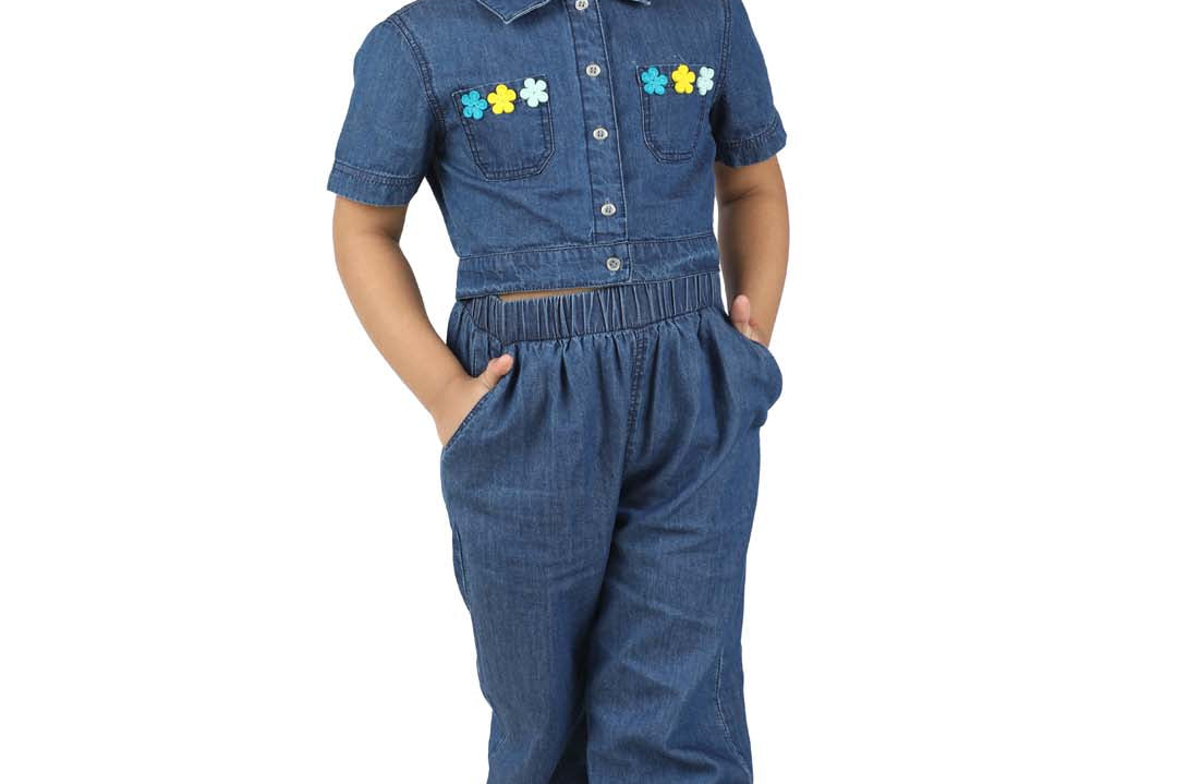 Blue Denim Girls Set with Flower Felt Accents